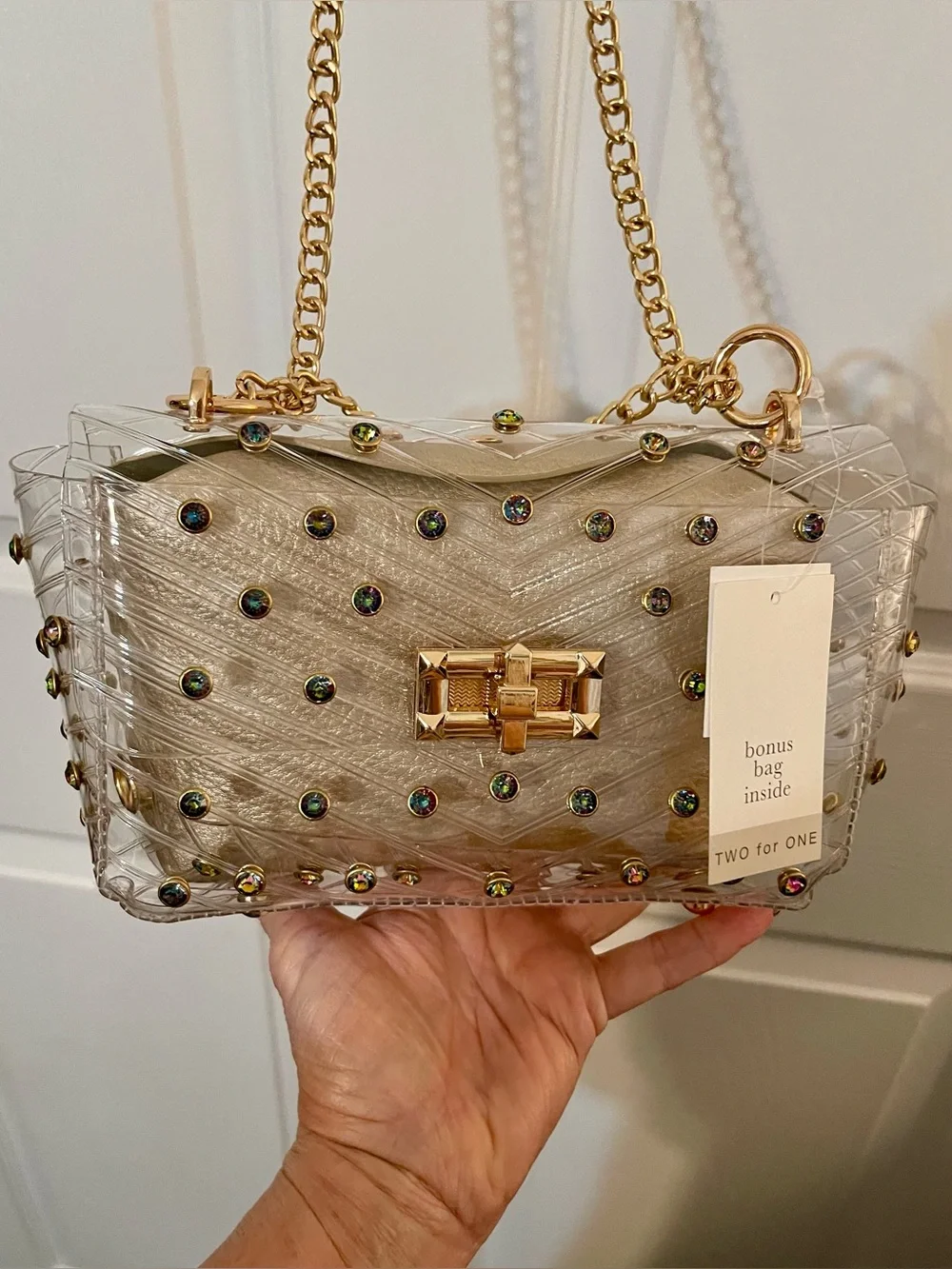 NWT CATO Clear Jelly Shoulder Bag with Gold Hardware and Iridescent Studs - Picture 1 of 11